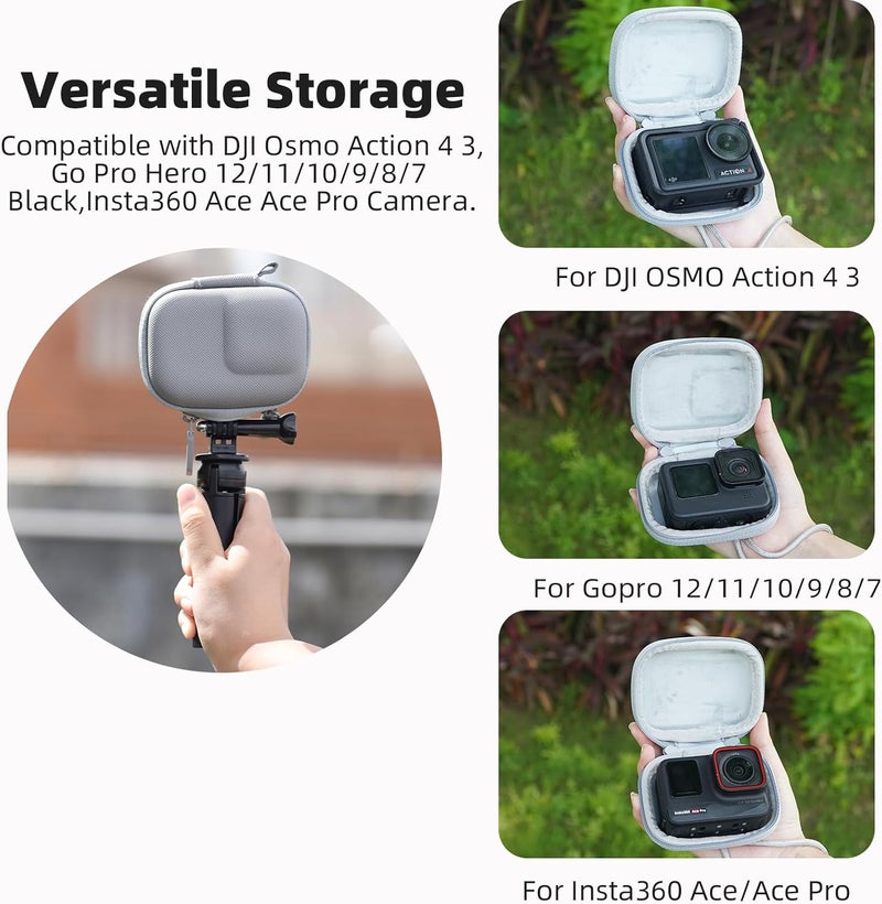 Flymile Carrying Case for DJI Osmo Action 5 Pro/4/3, Small Storage Bag for GoPro, PU Hard Travel Protector Case for Insta360 Ace/Ace Pro/2 with Wrist Strap & Carabiner Protective Accessories(Grey) - Image 2